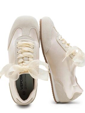 Vepose Satin &Suede Gat Sneakers, Classic Ribbon Lace Trainer swith Memory Foam